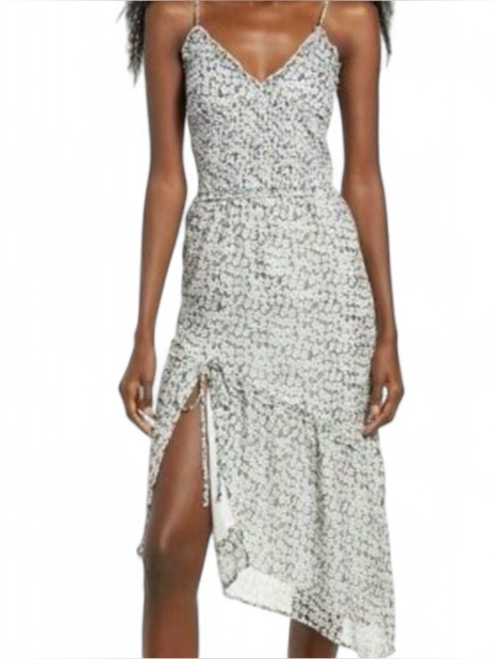 Leith Black White Floral Smocked Asymmetric High Low Midi Slit Dress Size Small